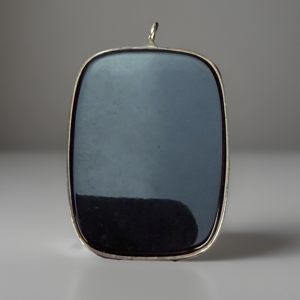 Vintage Silvertone Black Rectangular Pendant - image 1